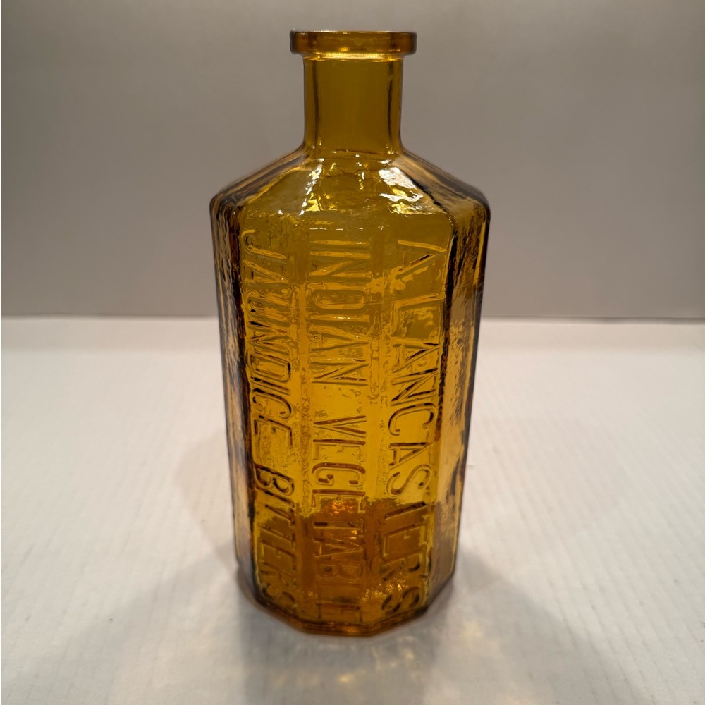 8.5" H A. Lancaster Indian Veg Jaundice Bitters 1852 Repro Yellow Glass Bottle